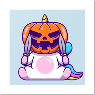 Cute Unicorn Wearing Halloween Pumpkin Mask With Knife Posters and Art